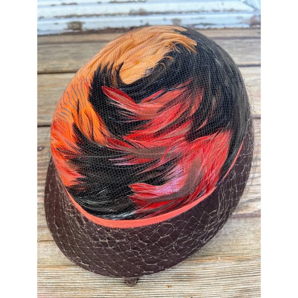 Vintage 1940s HAt Brown Wool Dyed Orange Peasant Feathers main image 12